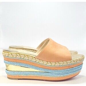Christian Louboutin Orange & Gold Suede Myriama Platform Sandals Slides Sz 36 6